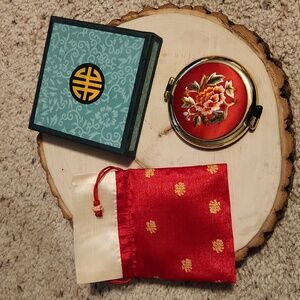 Lovely Red Fabric Floral Design Mirror Compact